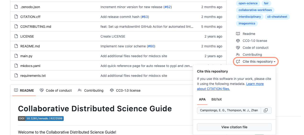 Screenshot of "Cite this repository" pop-up on the Collaborative Distributed Science Guide repository. It shows APA and BibTeX 'content tabs' with the beginnings of a scrollable and copiable citation
