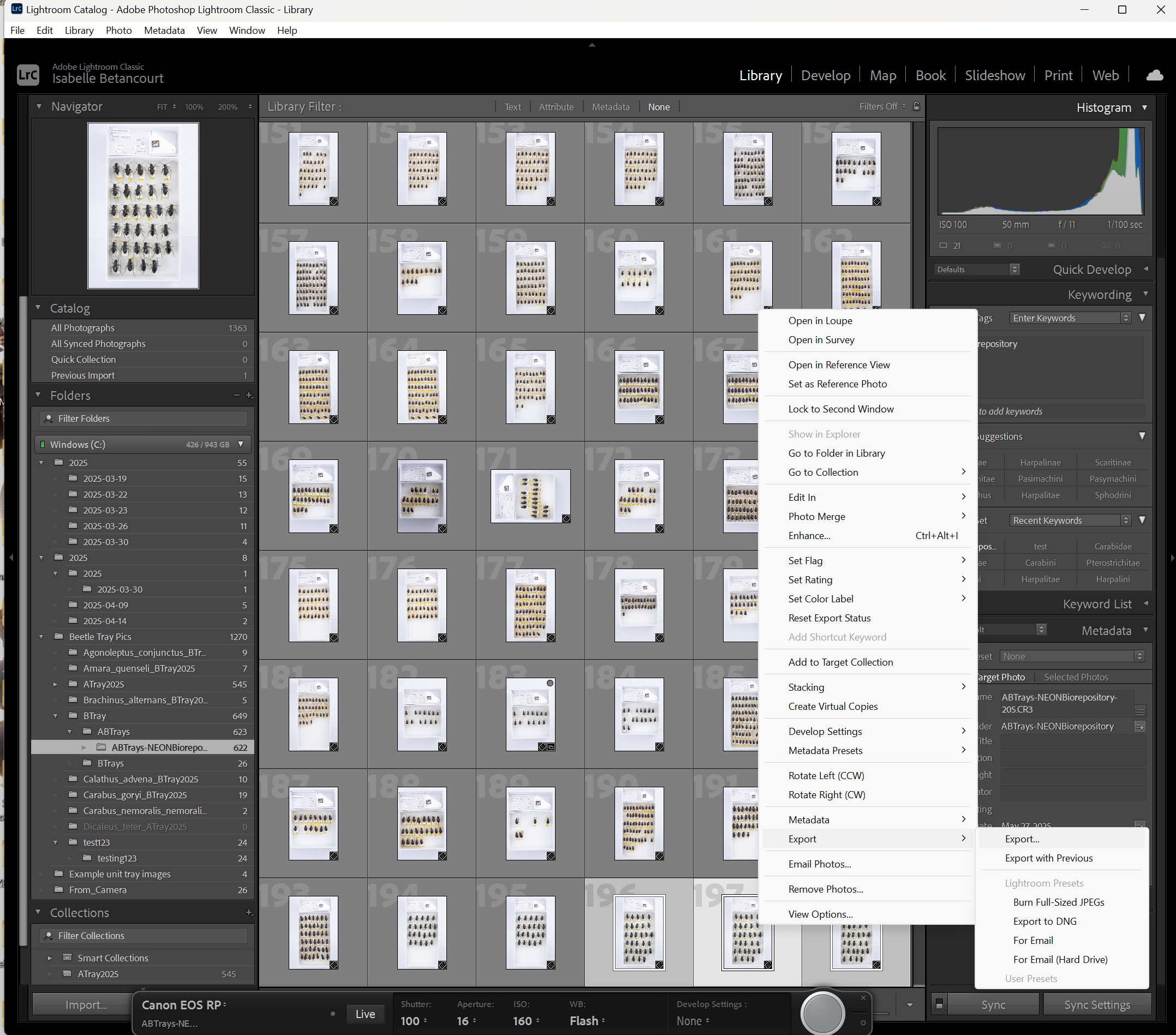 ref photo: Screen shot of the lightroom UI with the right click activated and showing the nested selection pathway to get to export