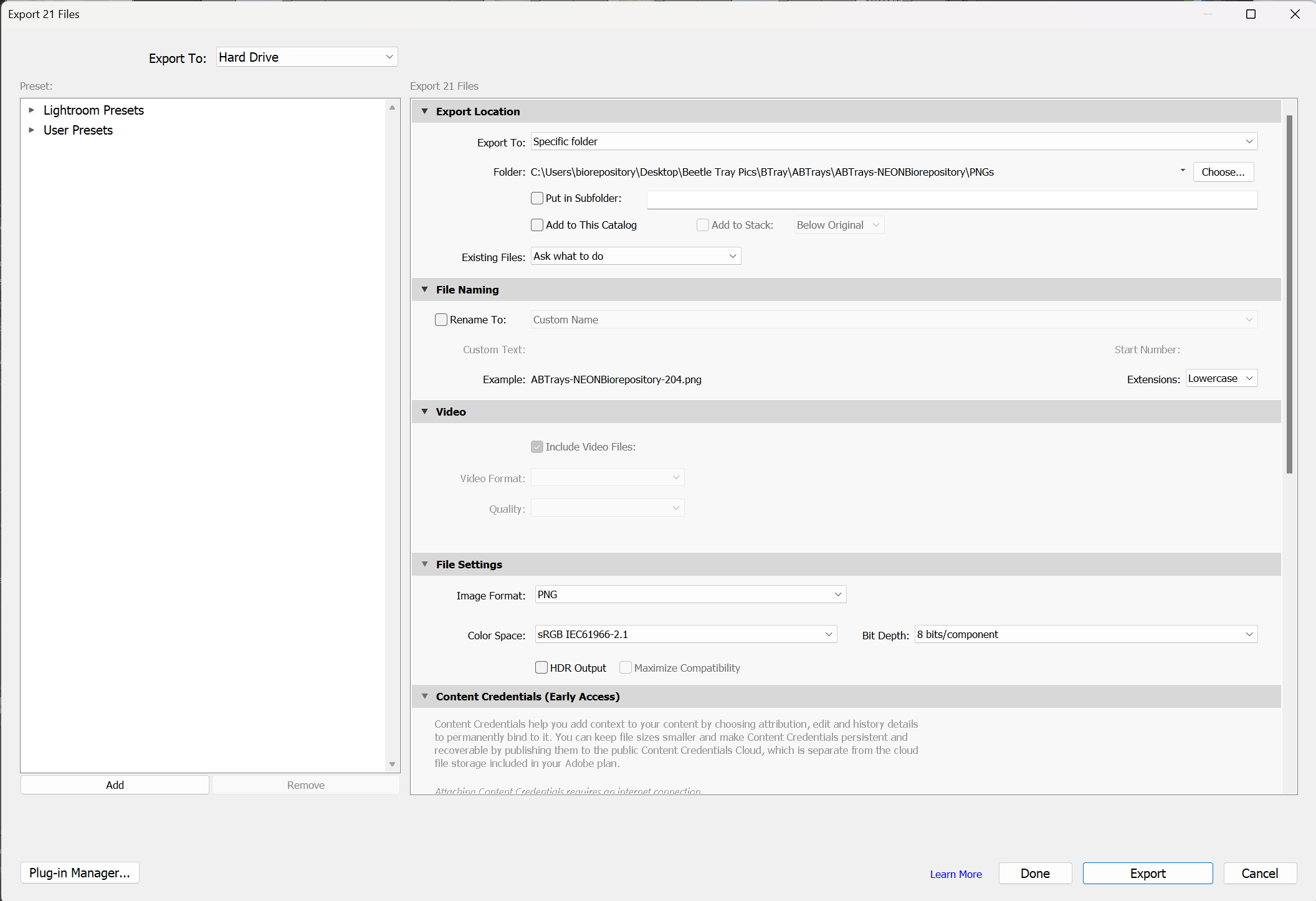 ref photo: Screen shot of the bottom of the lightroom export UI showing how files should be entered