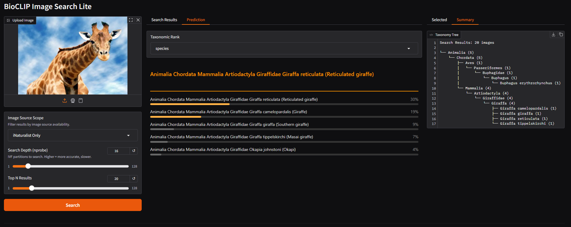 BioCLIP Image Search Lite – prediction results and taxonomy tree