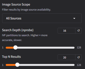 Search control panel showing scope, nprobe, and top N sliders.