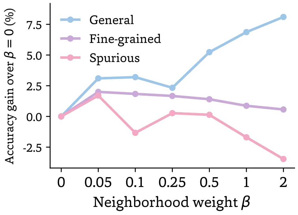 Accuracy gain over beta equals zero as a function of neighborhood weight beta for general, fine-grained, and spurious datasets. Fine-grained and spurious peak at small beta; general peaks at beta equals 2.