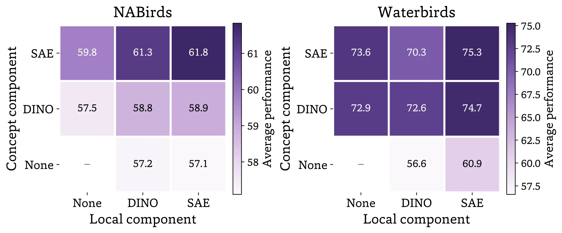 Heatmaps on NABirds and Waterbirds of average performance when concept coverage and local support are computed from SAE features, DINO features, or removed. SAE for both components is best or near best.